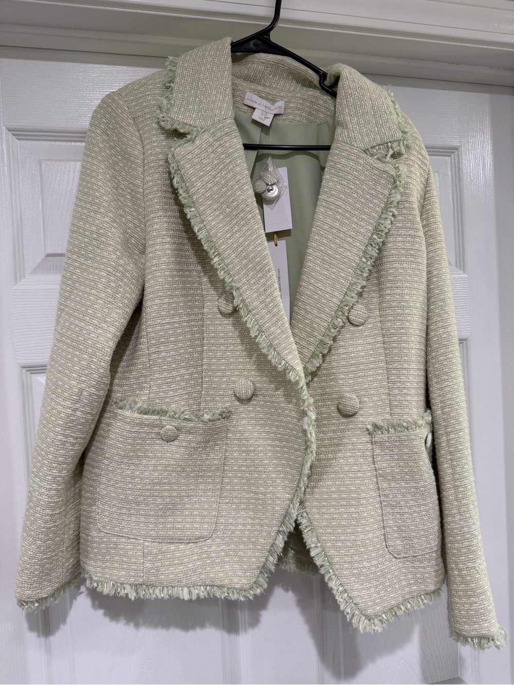NWT House of Harlow Light Green Tweed Fringe Double-Breasted Blazer
